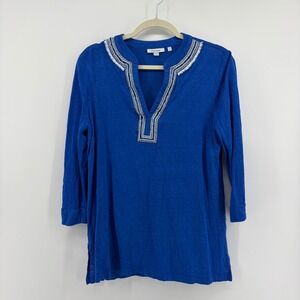 Chicos Linen Tunic Blue Womens Size M 3/4 Sleeve Beaded Split Neck Blouse